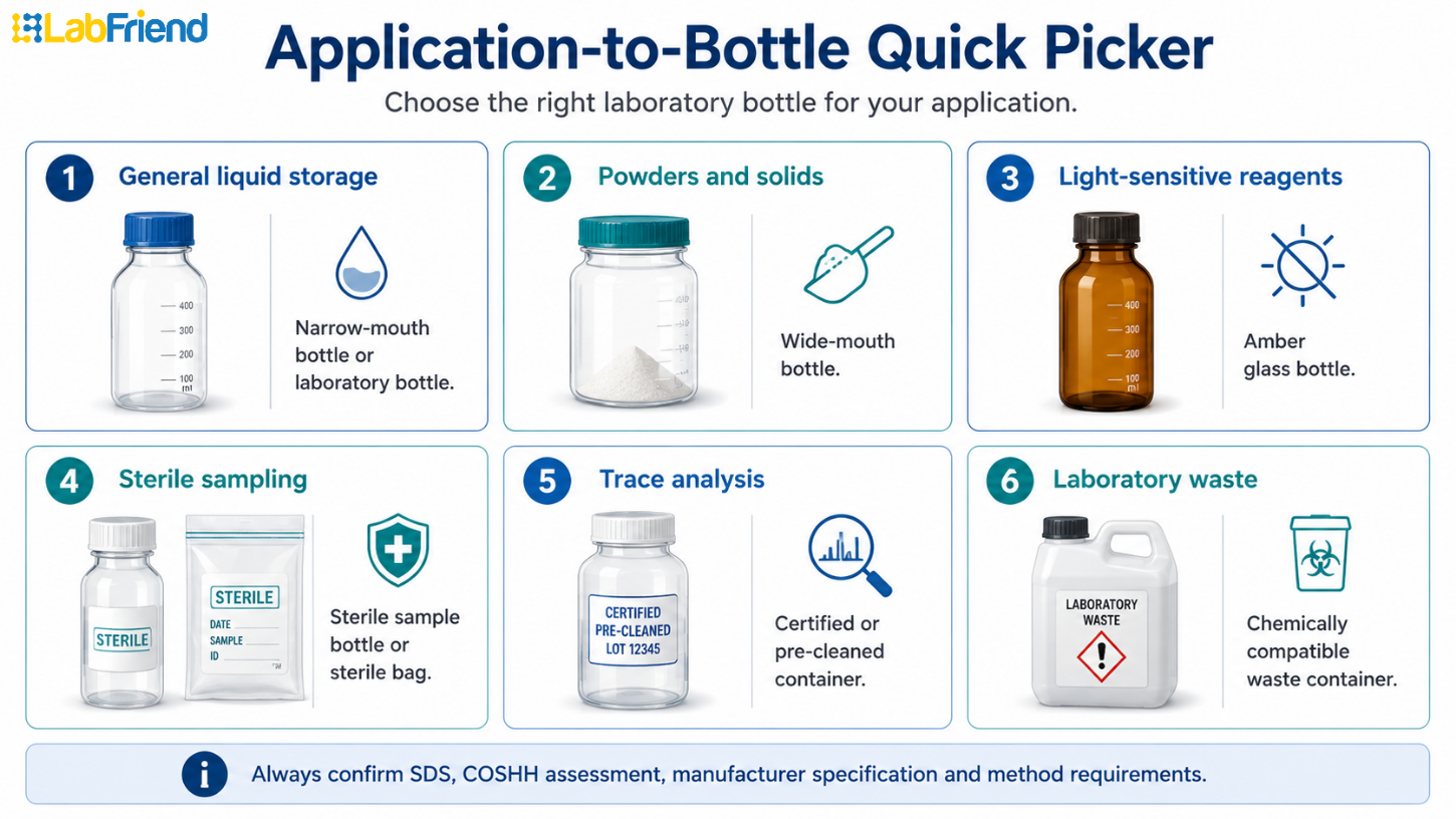 Grid infographic matching common laboratory applications to bottle types, including liquid storage, powders, light-sensitive reagents, sterile sampling, trace analysis and laboratory waste.